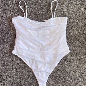 Pretty Little Thing white mesh ruched thong body suit size 14